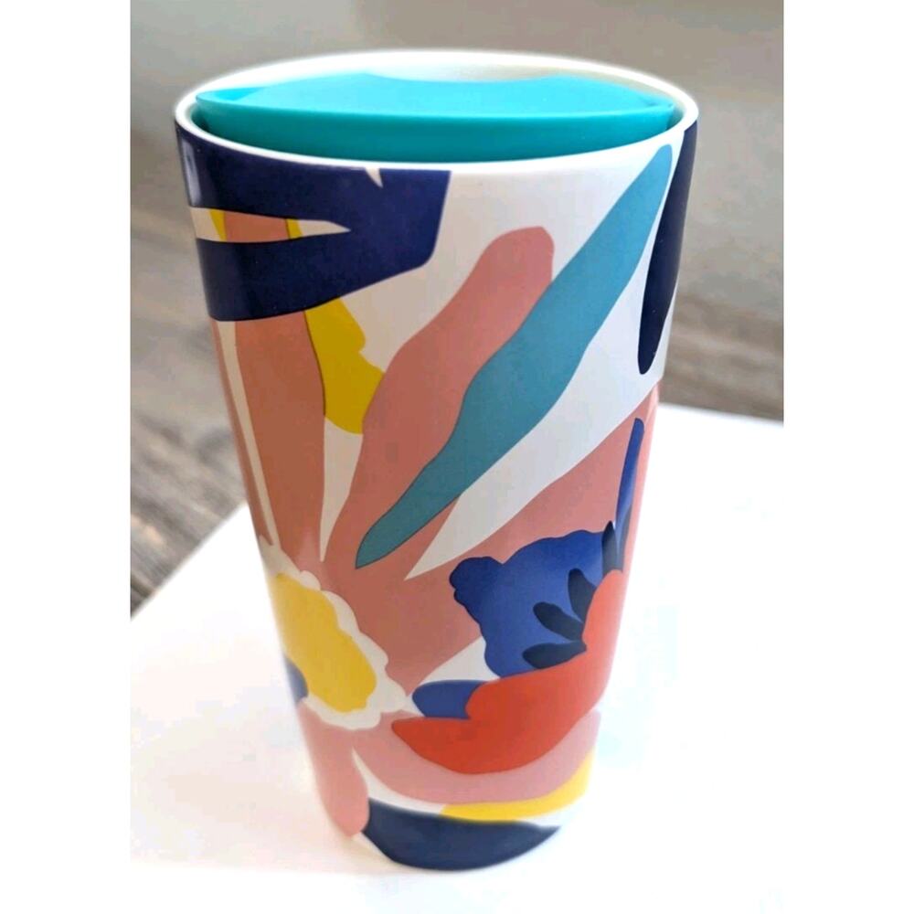 Starbucks 2021 Floral Ceramic Tumbler 12 oz w Lid Colorful Abstract Flowers - Picture 3 of 6